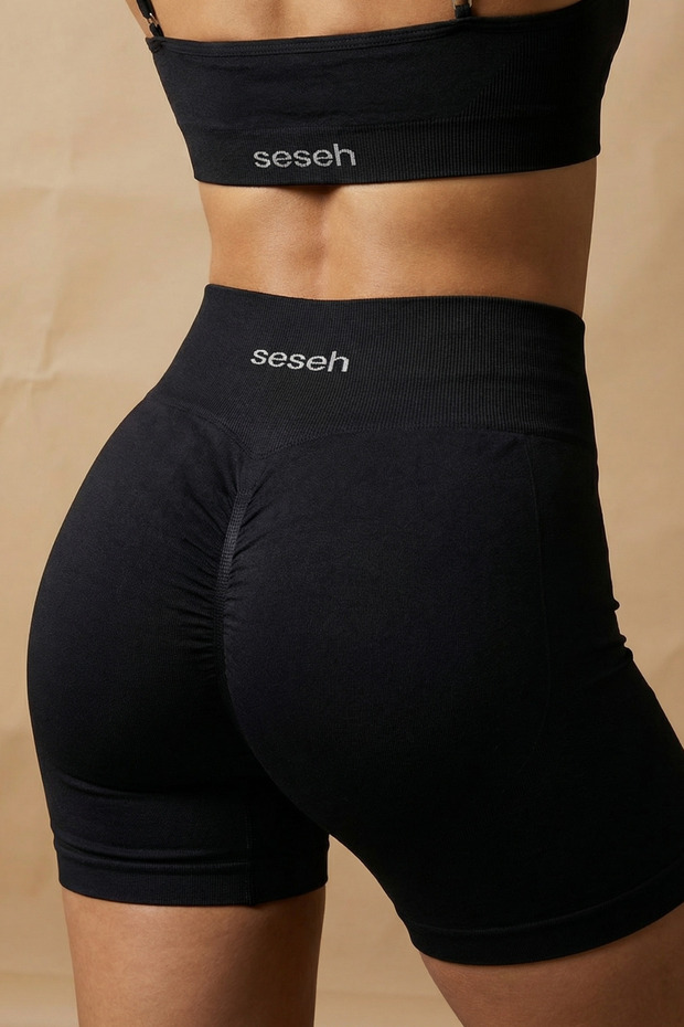 Black Push up High Waist Seamless Scrunch Biker Sports Shorts | Solis