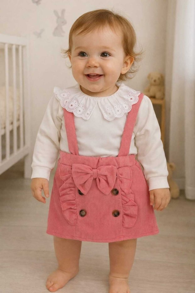Baby Girl Salopet Set with Bow and Guipure Detail on the Collar