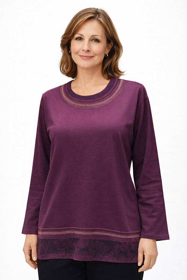 Relaxed Cut Round Neck Stone Embroidered Women's Mother Combed Cotton Blouse