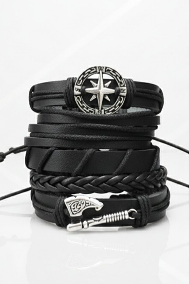 5 Pieces Real Leather Bracelet Premium Compass Scandinavian Viking Axe Figured Genuine Leather Bracelet