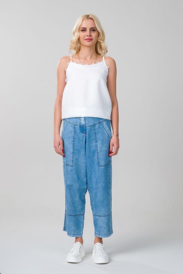 Women's Bleach Wash Pocketed Wide Leg Elastic Waist Slim Lyocell Fabric Jeans Indigo Light