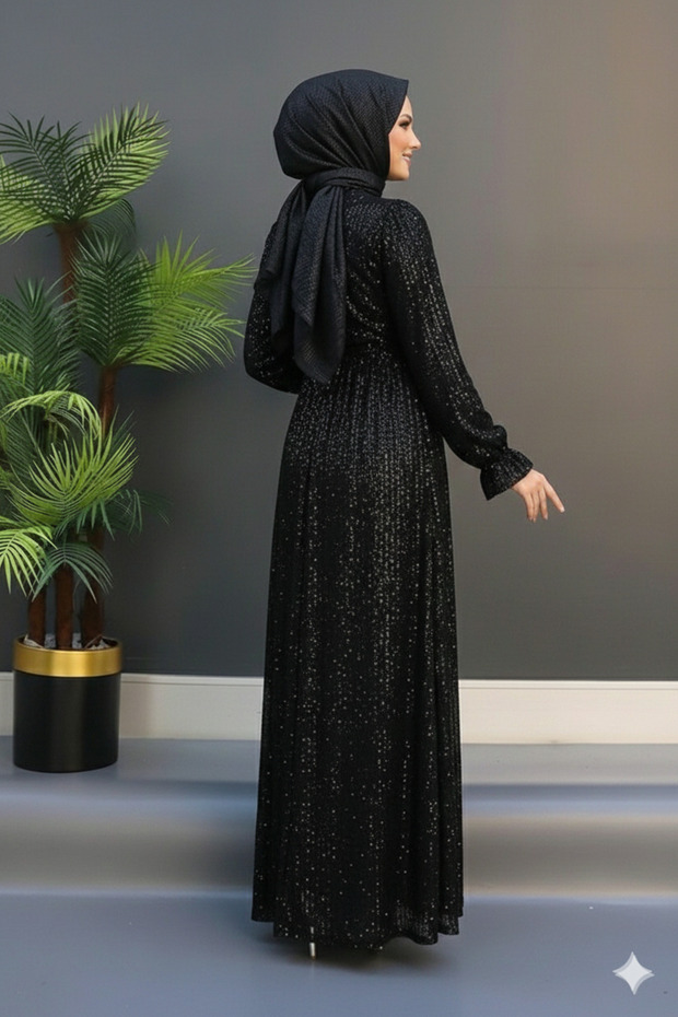 Rochie de seară hijab cu paiete și pliuri, rochie lungă - 4