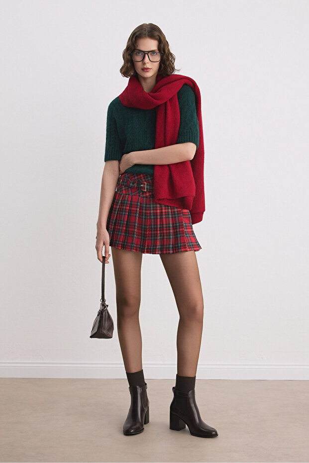 Kemerli Pileli Şort Etek - 5