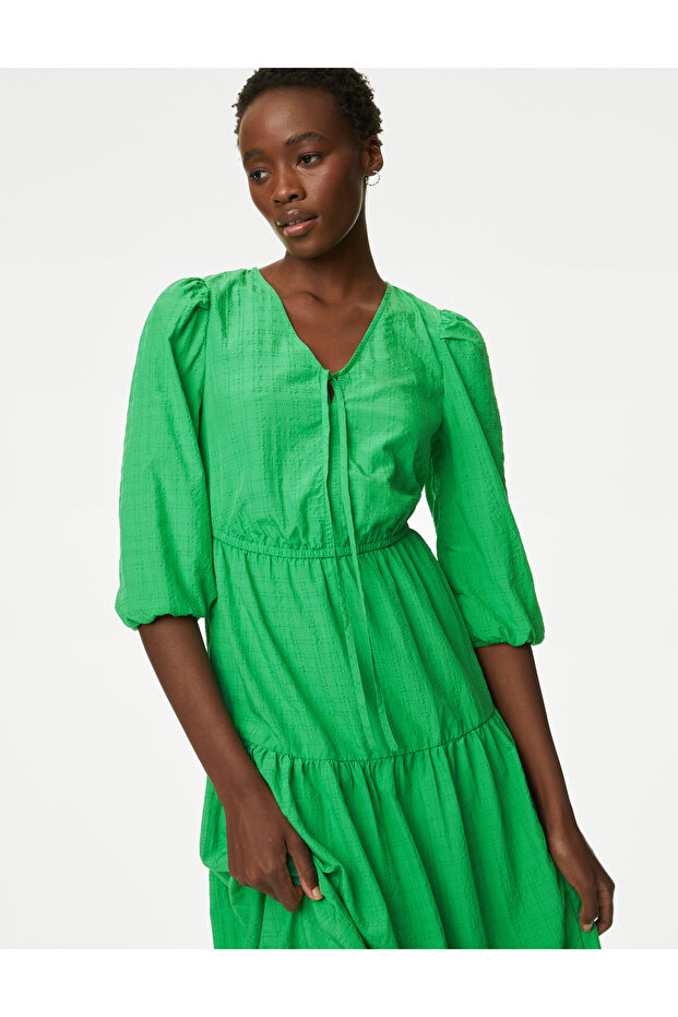 Regular Fit Dokulu Midi Elbise - 2