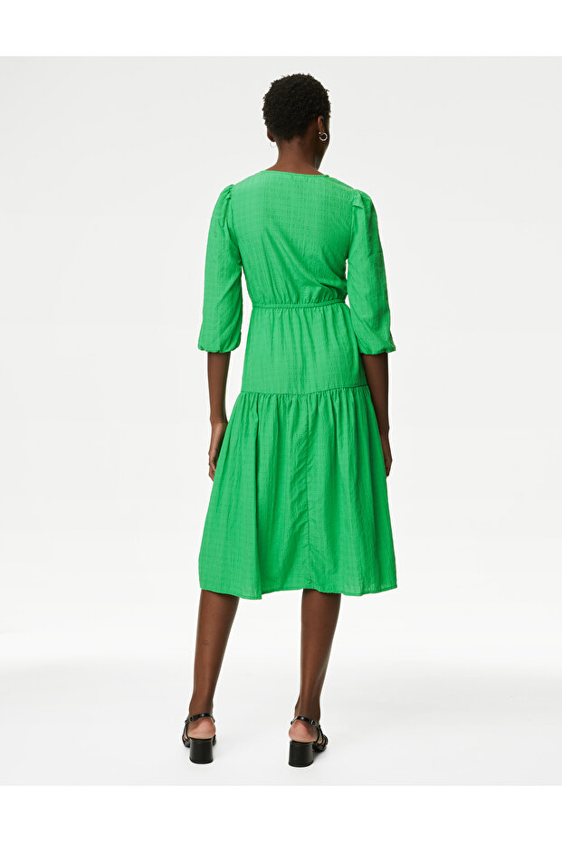 Regular Fit Dokulu Midi Elbise - 3