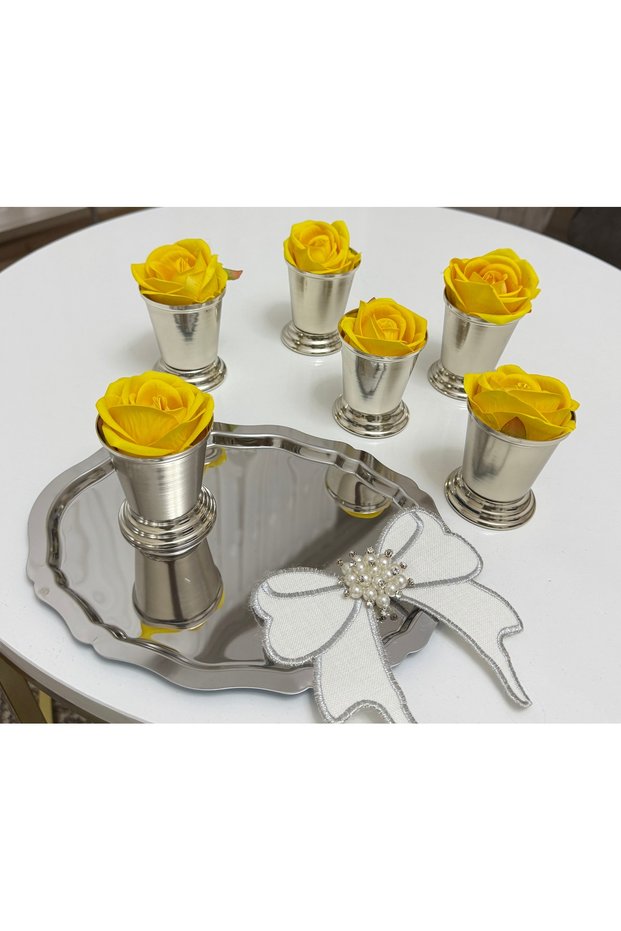 Decorative Silver Plated 6 Pieces Rose Bowl Includes Yellow Color Roses