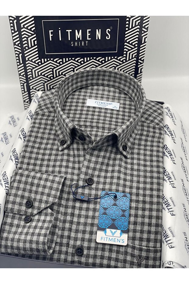 Classic Long Sleeve Winter 100% Cotton Checked Collar Buttoned Gift Boxed Men's Shirt Fs-003127 - Gray