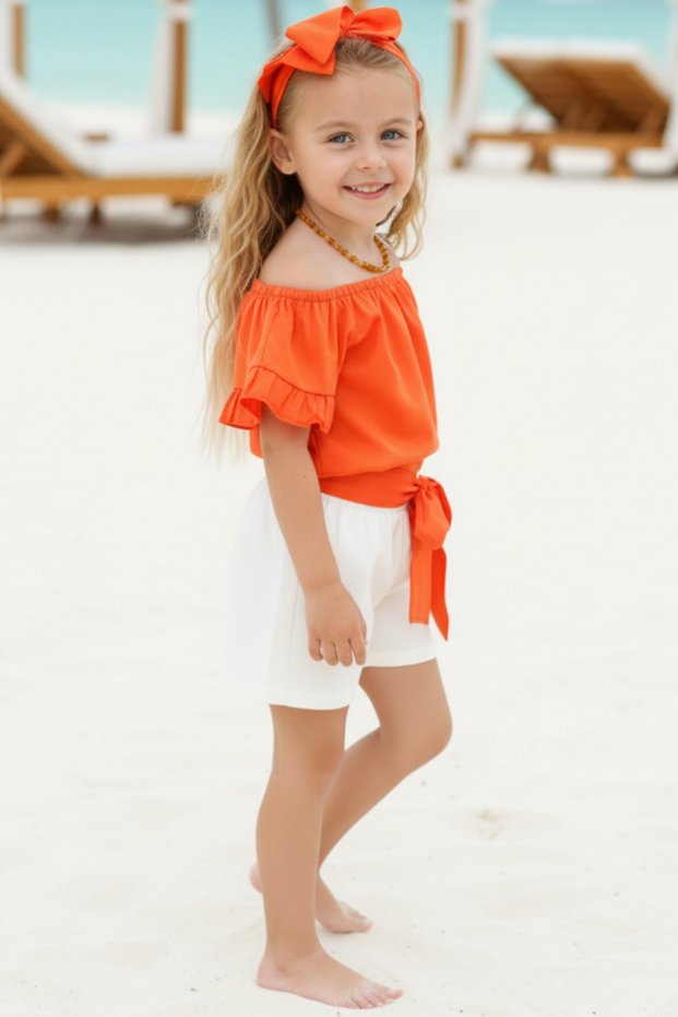 Girl's Sunny Orange Madonna Collar Bandana Shorts Top and Bottom Set