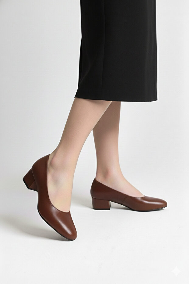 Genuine Leather Brown Low Heeled Square Toe Classic Stewardess Shoes