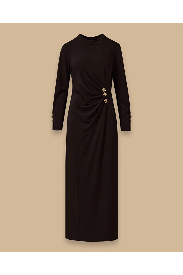 Metal Aksesuarlı Drapeli Krep Elbise - 6