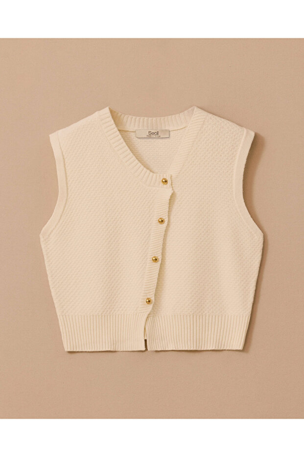 Asimetrik Düğmeli Kolsuz Triko - 6