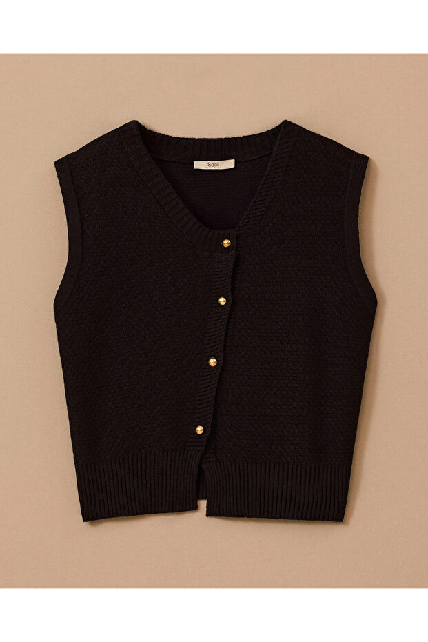 Asimetrik Düğmeli Kolsuz Triko - 1