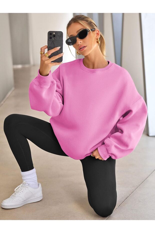Kadın Bisiklet Yaka Basic Oversize Sweatshirt ŞEKER PEMBE - 6