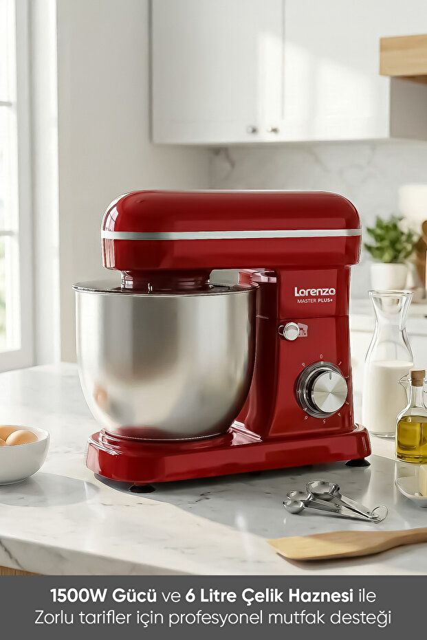 MasterPlus Hamur Yoğurma Mutfak Şefi Stand Mixer 6 lt 1500 W Çiğköfte,Krema Kırmızı - 3