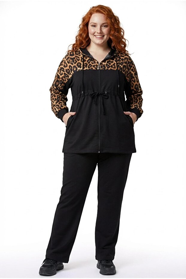 Women's Plus Size Leopard Paneled Tie Detail Tracksuit Set