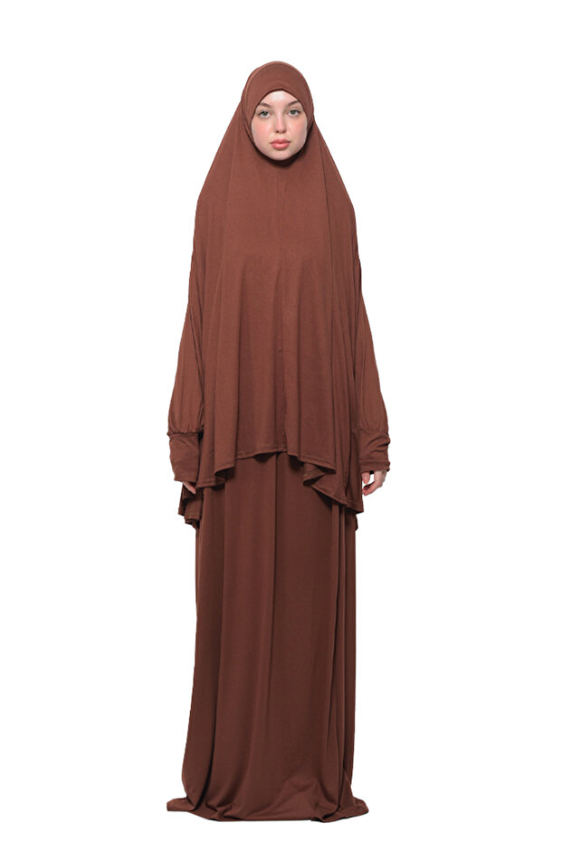 Practical Two-Piece Cotton Bat Sleeve Organic Hijab Prayer Dress with Head Scarf-Chocolate