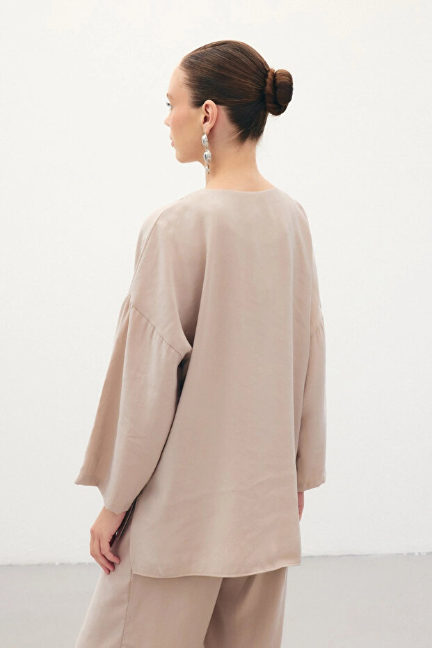 Düğmeli Kimono - Taş - 8