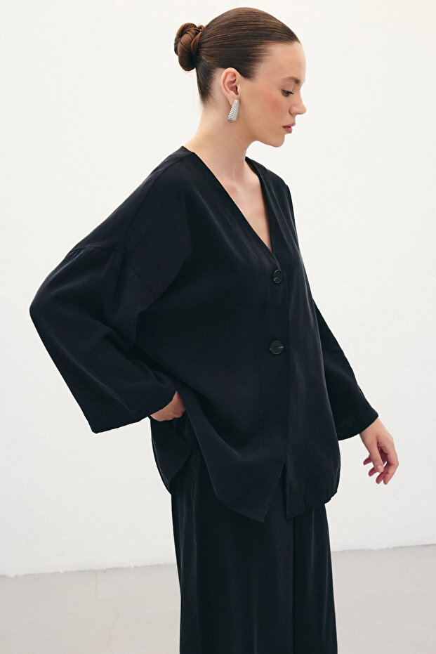 Düğmeli Kimono - Siyah - 2