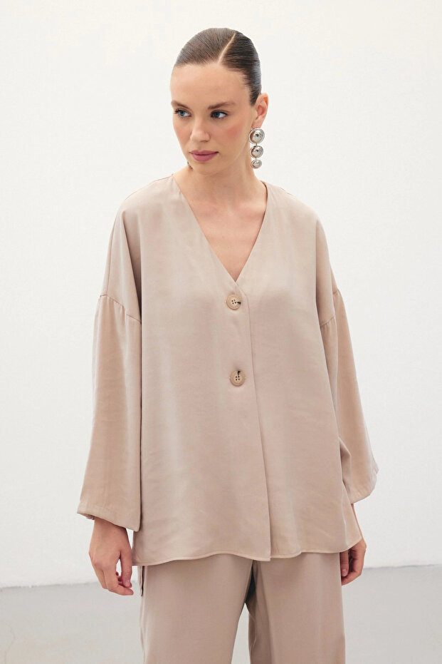 Düğmeli Kimono - Taş - 3