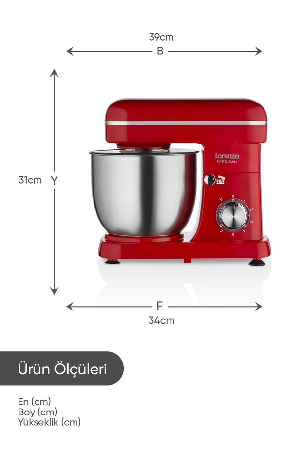MasterPlus Hamur Yoğurma Mutfak Şefi Stand Mixer 6 lt 1500 W Çiğköfte,Krema Kırmızı - 7