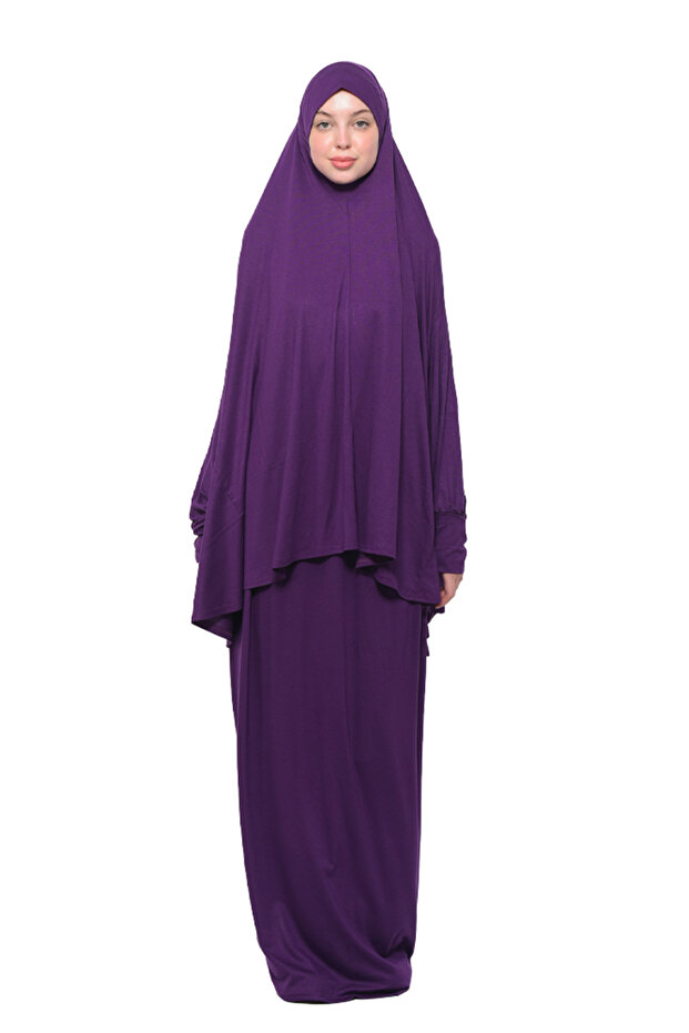 Practical Two Pieces Cotton Bat Sleeve Organic Hijab Prayer Dress with Headscarf - plum