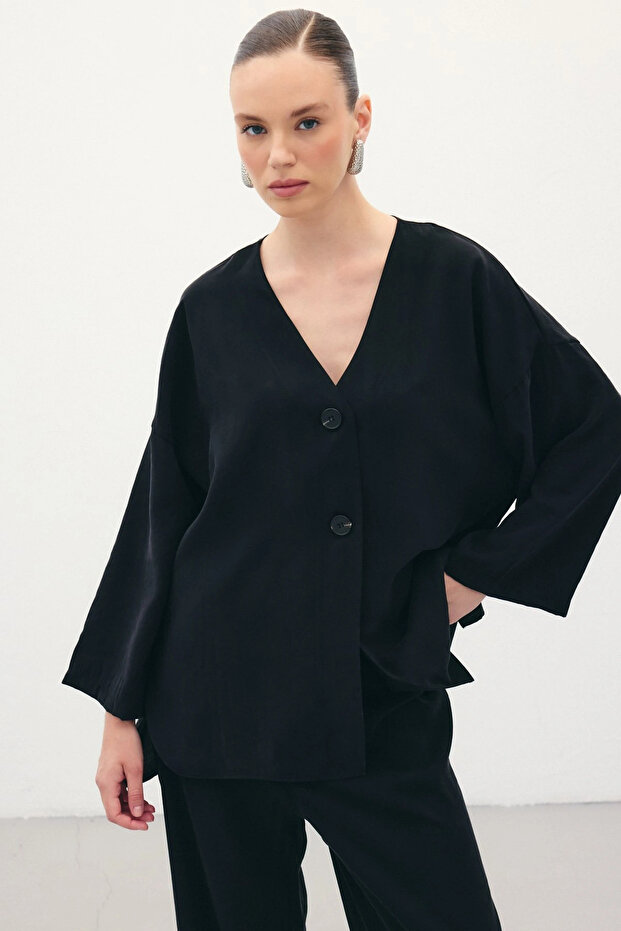 Düğmeli Kimono - Siyah - 4