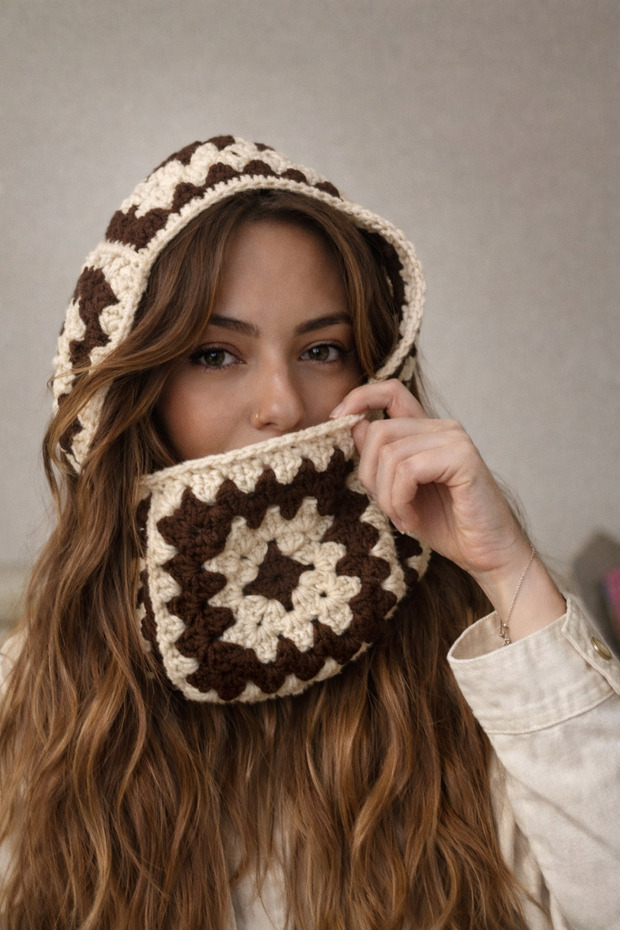 Two-Color Scarf Beanie Balaclava with Pattern, Knitted Balaklava