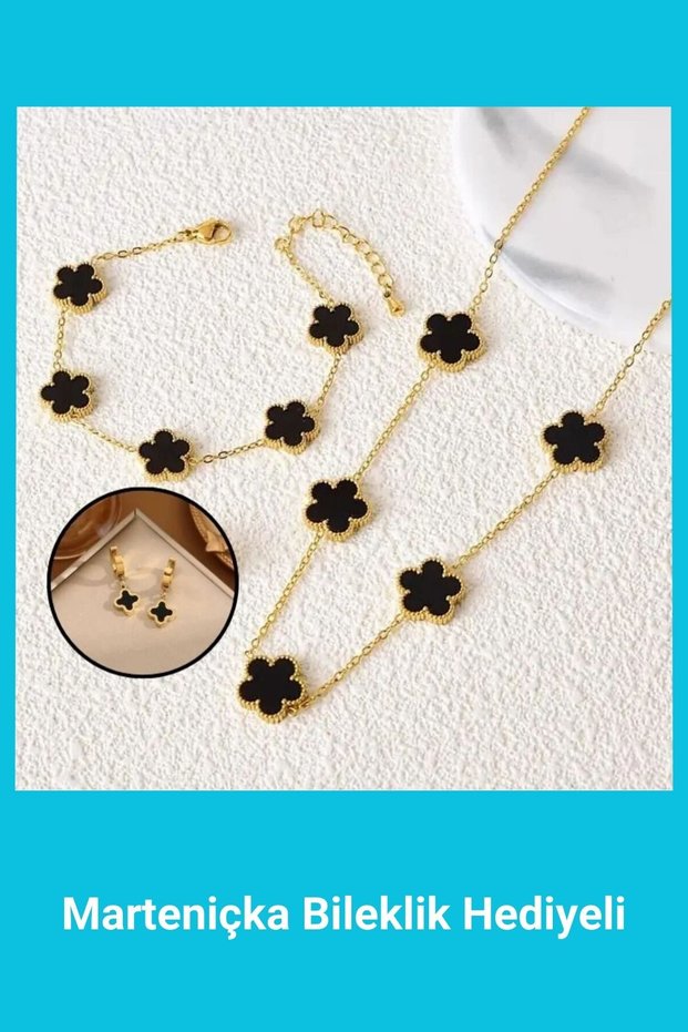 Clover Stainless Anti-Tarnish Steel Gold Black Necklace Bracelet Earrings Set of 3