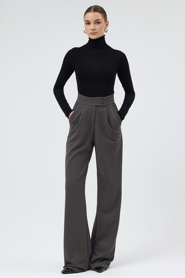 Anthracite High Waist Double Button Wide Leg Women's Trousers 5010