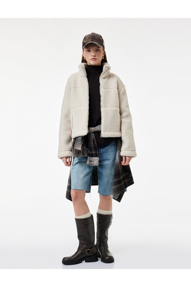 Mock Neck Crop Plush Coat with Pockets, Long Sleeves and Zipper