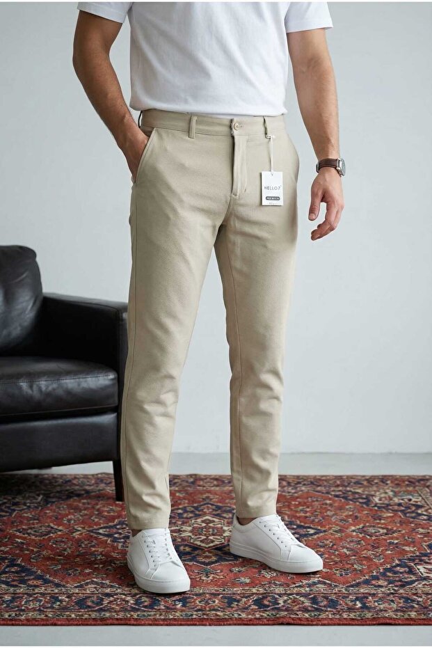 Men's High-Quality Beige Stretch Fabric Italian Cut Stylish and Comfortable Trousers Suitable for Any Occasion