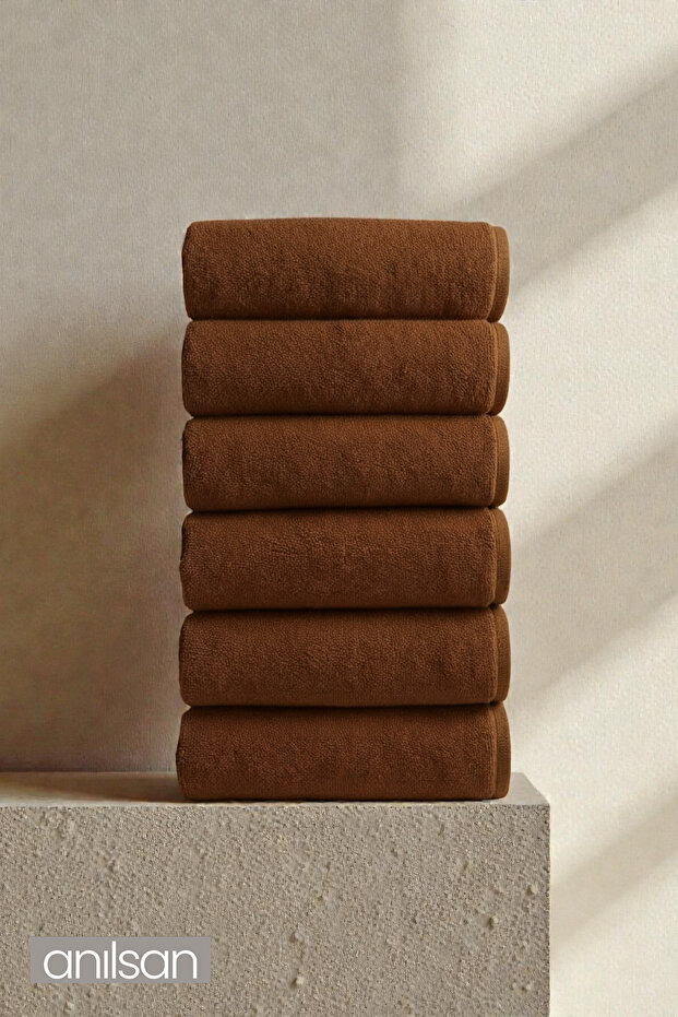 6-Piece Plain Brown Hand Towels - 50X90 Cm, 225 Gr, 100% Cotton, Spa and Hotel Towels