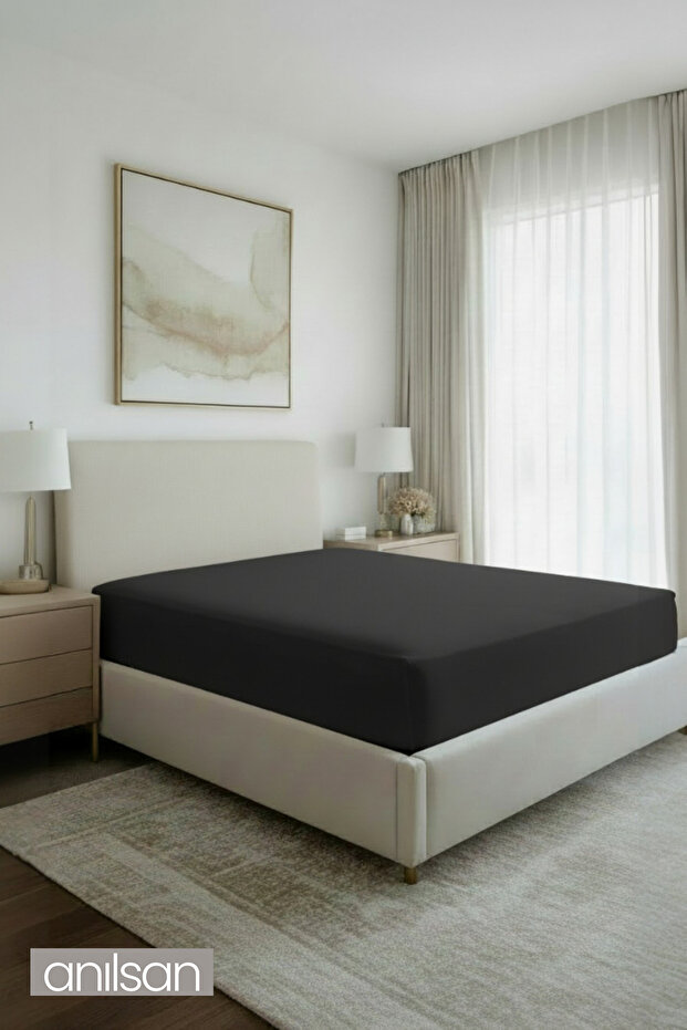 ملاءة سرير مطاطية مزدوجة من الجيرسيه 100% قطن - أنثراسايت - 1