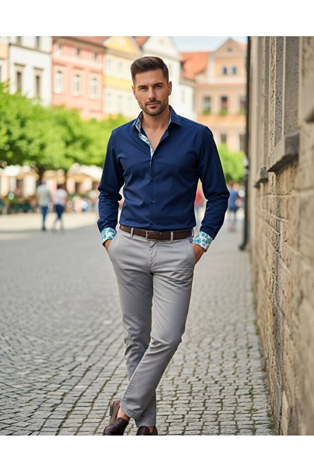 Long Sleeve Cotton Satin Regular Men's Shirt with Sleeve and Collar Detailing