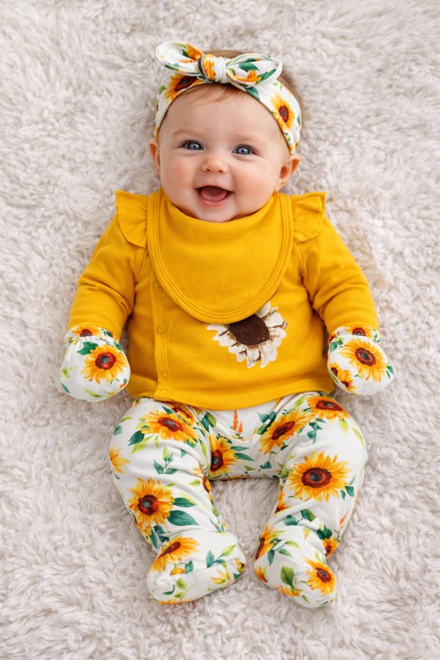 Sunflower Pattern Mustard Bandana 5-Piece Newborn Baby Girl Hospital Take-Home Set