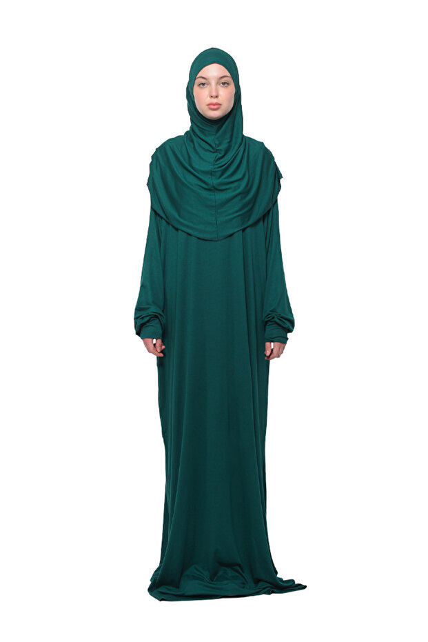 Practical One-Piece Cotton Bat Sleeve Attachable Organic Prayer Dress with Headscarf Green