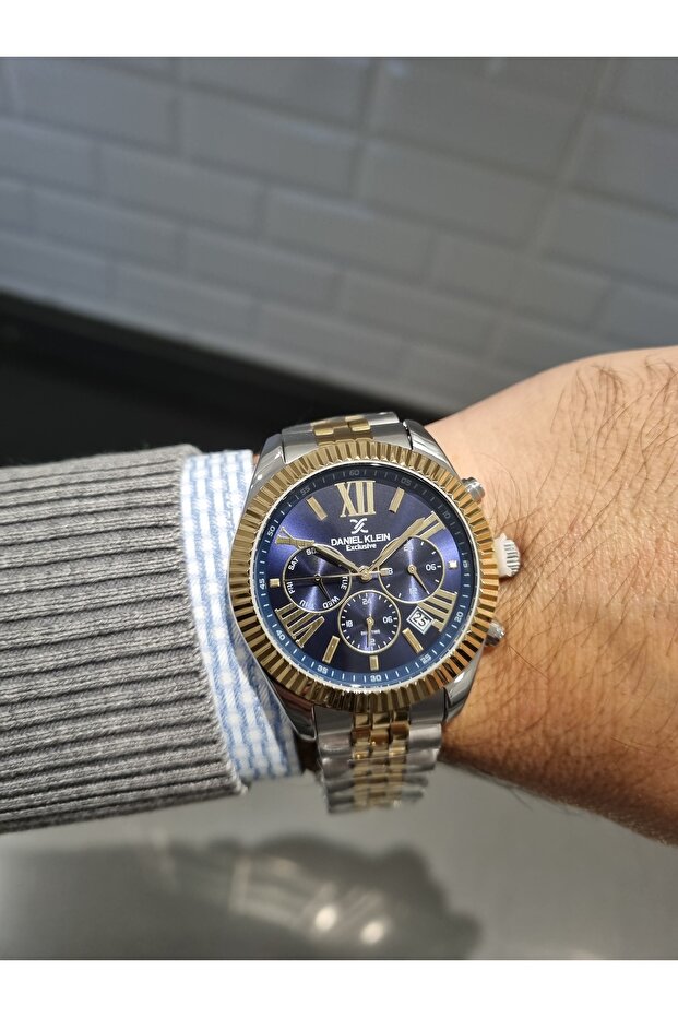 New Yellow Bi̇color Navy Blue Dial Function Calendar Men's Wristwatch 3 Atm Water Resistant