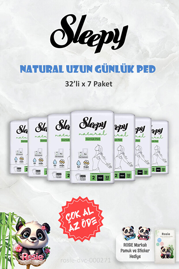 7-Pack, Buy Less, Pay Less, Natural Ultra Sensitive Daily Pad Long 32 Pieces and Rosie
