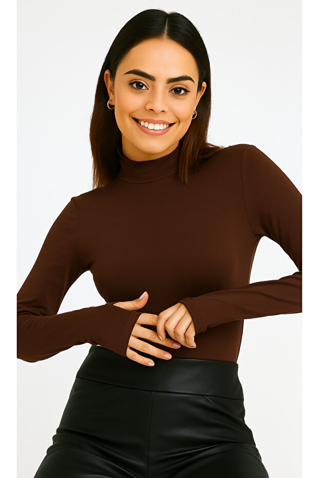 Women's Finger Detailed Half Turtleneck Viscose Bodysuit