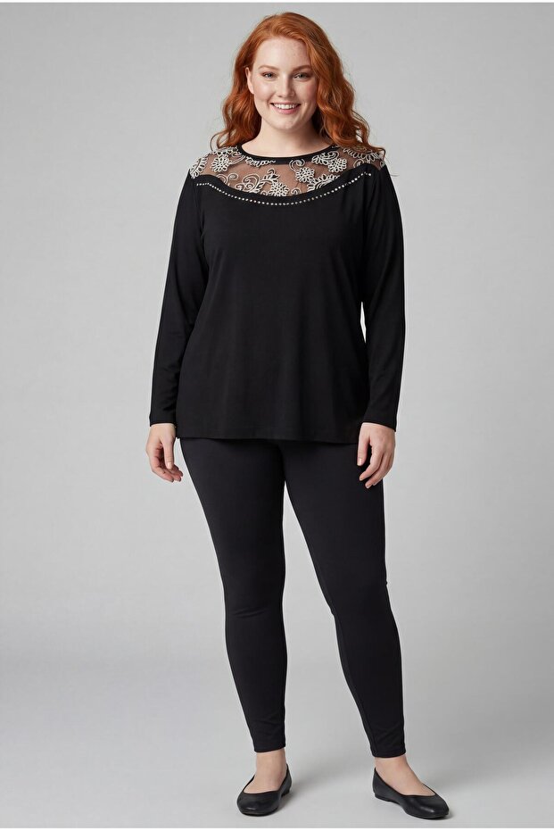 Women's Plus Size Guipure Tulle Detail Transparent Black Blouse