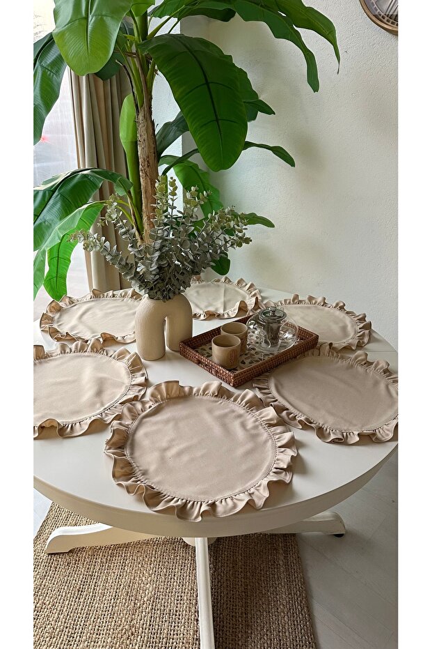Aura 2-Piece Linen Stain-Resistant Beige Ruffled Round American Placemat
