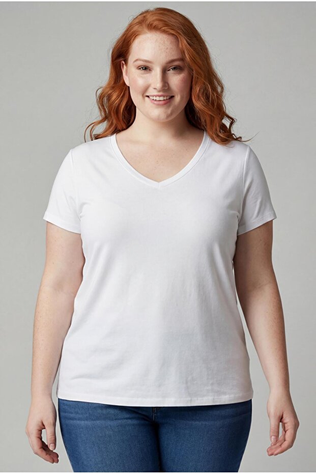 Women's Plus Size V-Neck White T-Shirt – Relaxed Fit, Breathable Fabric, Sizes up to 6XL Available