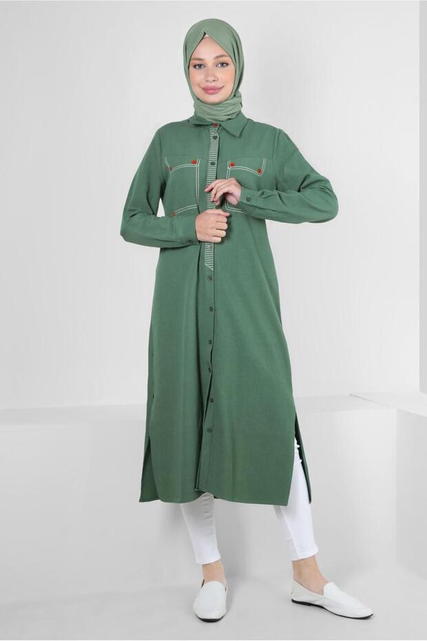 BUTTONED LINEN TUNIC WITH STITCH DETAIL 43606