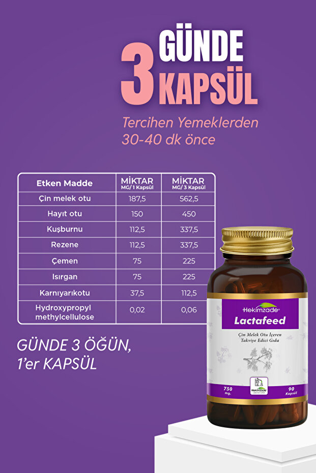 LACTAFEED – Anne Sütü Desteği İçin Çin Melek Otu İçeren Takviye Edici Gıda 90 Kapsül 750mg - 3