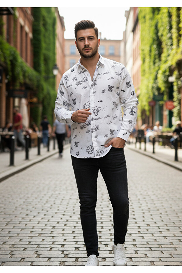 Long Sleeve Cotton Letter Regular Fit Sport Men's Shirt
