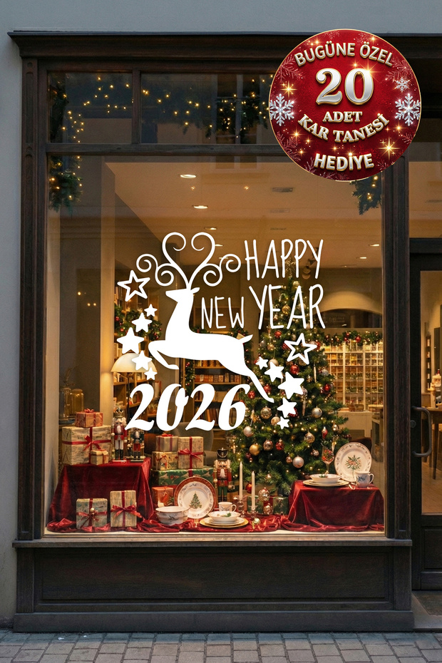 Happy New Year 2026 Window Decoration – Deer Themed Christmas Glass Sticker (White)