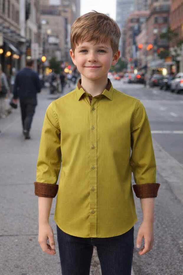 Oil Green Brown Detailed Boy's Shirt