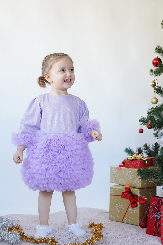 Baby Girl Kids Dress Long Sleeve Tulle Tutu Special Occasion Party Birthday Princess Silvery Christmas Dress
