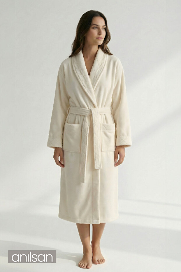 Şalyaka Velvet Bathrobe Cream 100% Cotton Unisex Ideal for Spa Women/Men