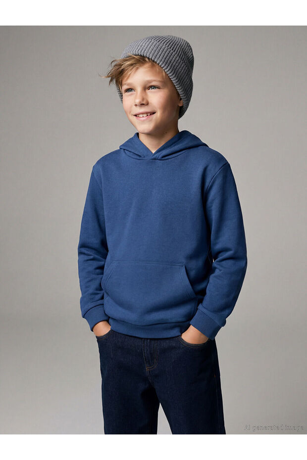 Two Mt Shop Quality Lcw Kids Navy Blue Hooded Plain Boys' Thick Sweatshirt